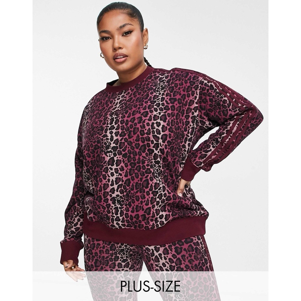 Adidas Originals Plus 3 Stripe Crew Neck Sweatshirt Leopard Print Maroon Red 2X
